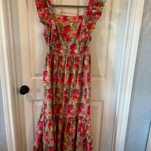 Peyton & Parker Bright Floral Ruffled Smocked Tie Back Maxi Dress Size L